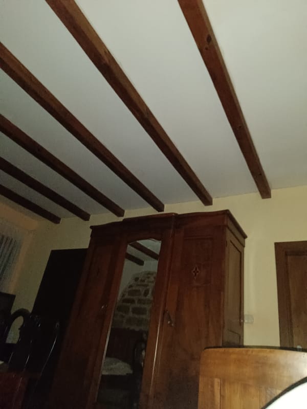 Bedroom with wooden beams and ornate wardrobe captured