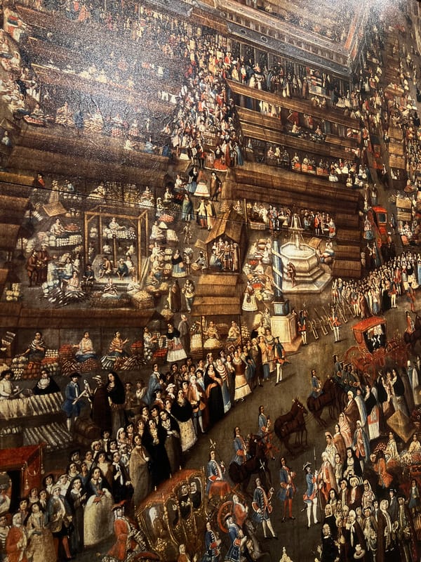 Colonial painting of crowded public event observed in Mexico City