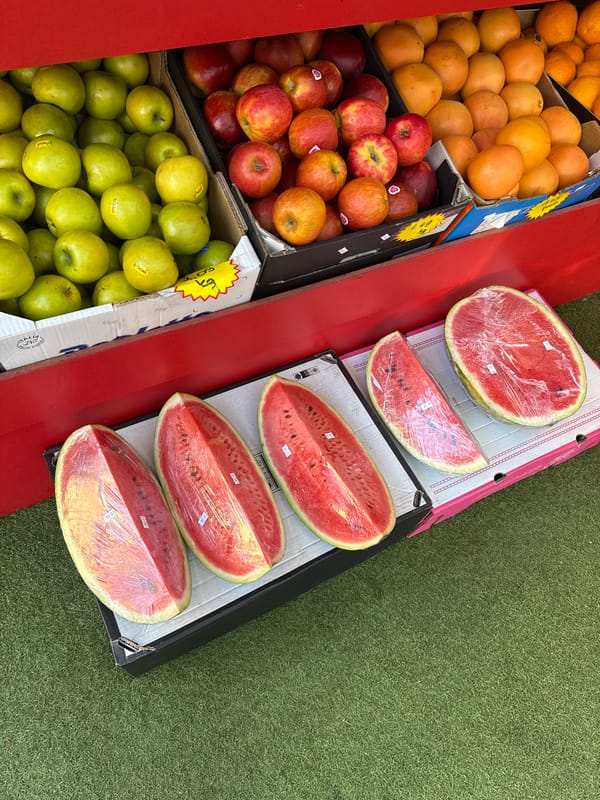 Fresh produce on display at a Great Yarmouth outdoor market