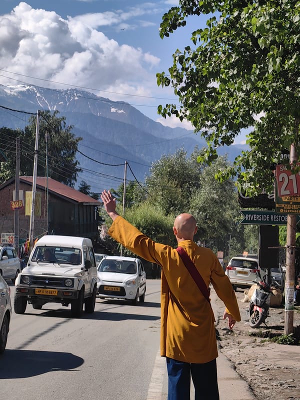Mountain road trip through Kullu valley with monk encounter