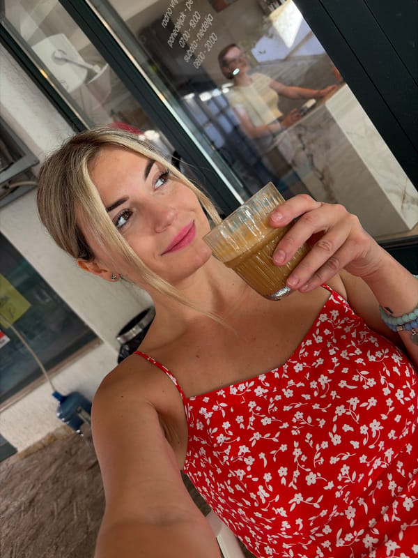 Coffee prep and a selfie at a Budva cafe