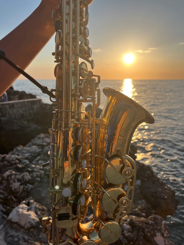 Saxophone at sunset on the Adriatic coast near Pečurice