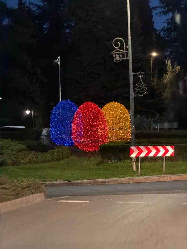 Colorful spherical light decorations spotted roadside in Dimitrovgrad, Bulgaria