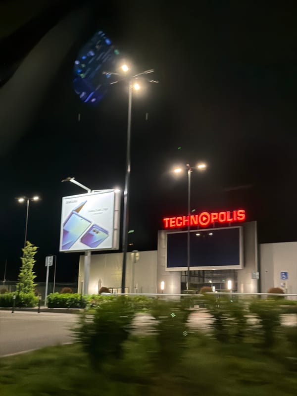 Nighttime commercial building photographed in Lovech, Bulgaria