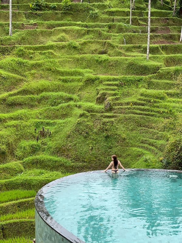Tourists enjoy Bali rice terrace pools during morning hours