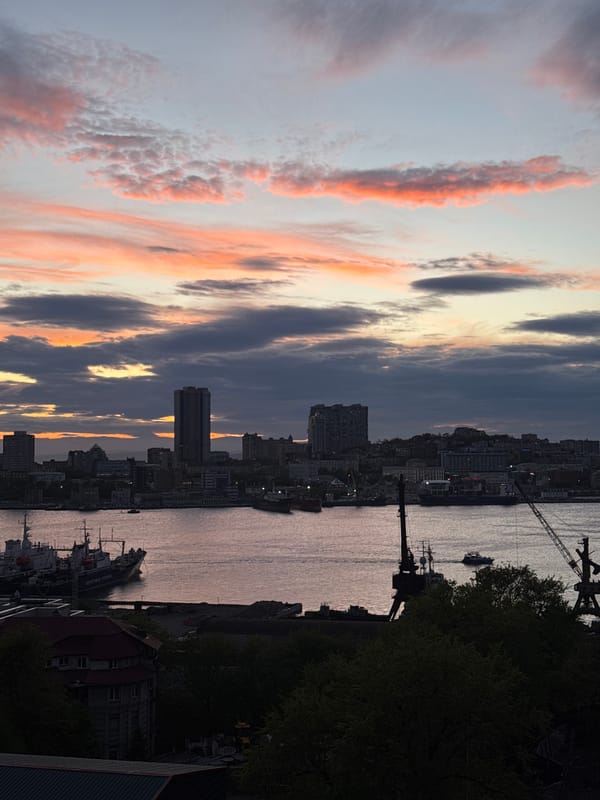 Twilight cityscape documented across Vladivostok harbor and landmarks