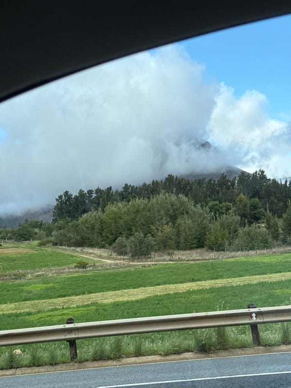 Misty mountain views captured during highway drive in Paarl