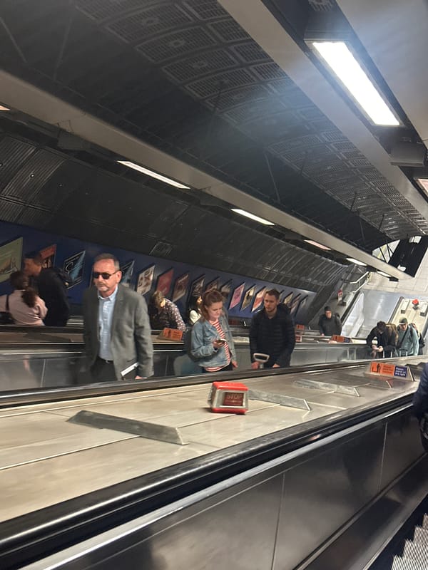 London Underground escalator captured from multiple angles during morning commute