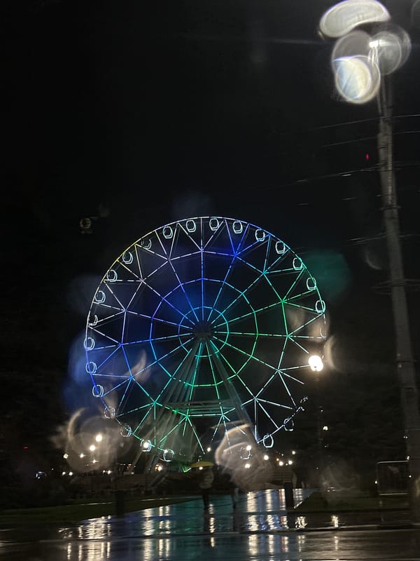 Lit Ferris wheel glows through rainy night in Ovoshchnoy