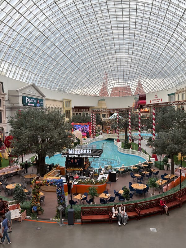 Inside a sprawling indoor mall and amusement complex with themed zones