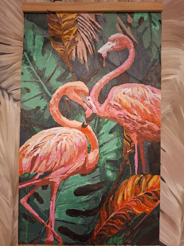 Tropical flamingo painting observed by witness
