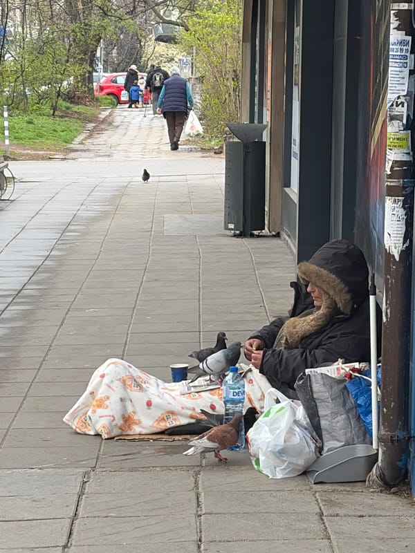 Person feeds pigeons on Sofia sidewalk