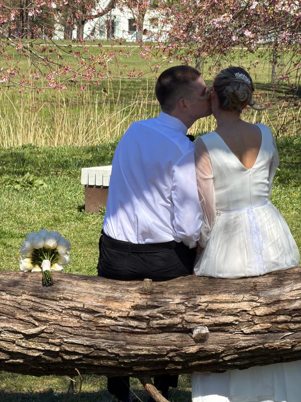 Newlyweds Kiss Outdoors in Wedding Portrait in Riga