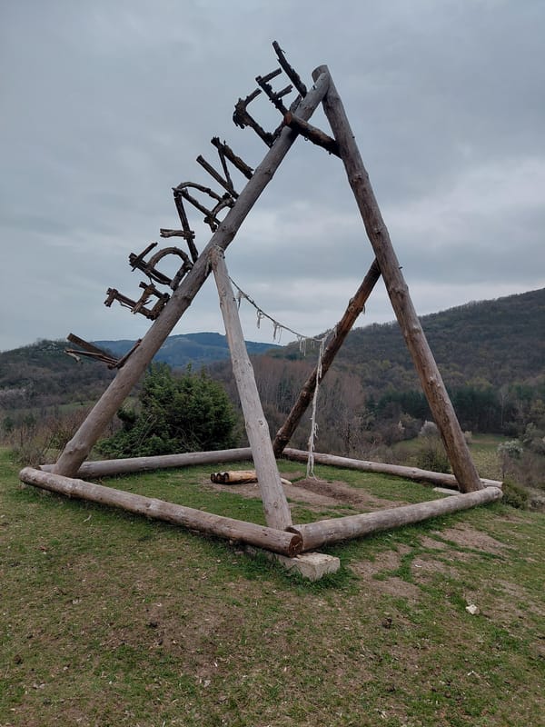 Wooden art installations documented in rural Kuklen, Bulgaria