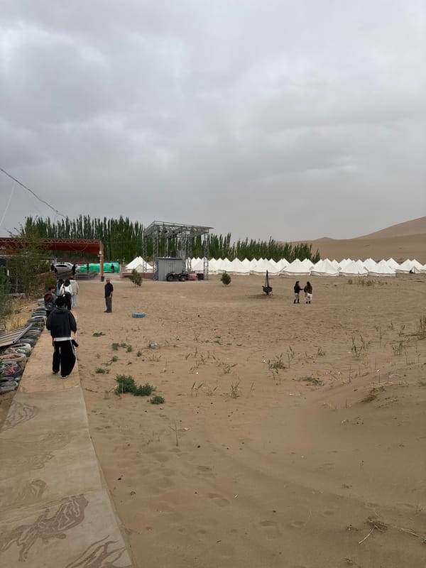 Desert camp with tents, construction documented in Dunhuang, China