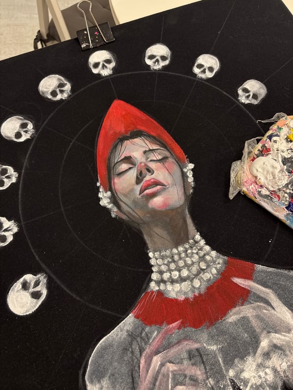 Artist creates portrait painting on black canvas in Krasnoyarsk