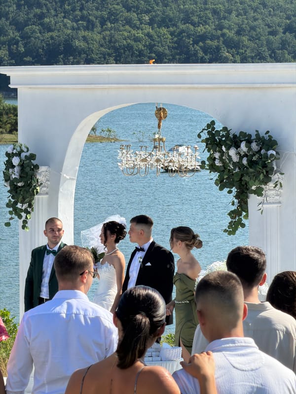 Lakeside wedding ceremony in full swing, Banya, Bulgaria