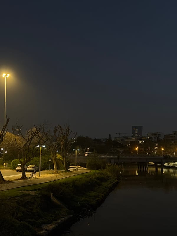 People gather, embrace near Tel Aviv boardwalk sign at twilight