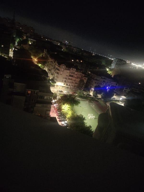 Nighttime street view captured from rooftop in Burgas, Bulgaria