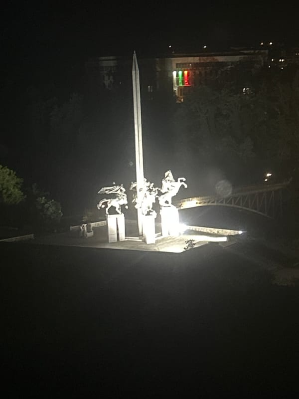 Veliko Tarnovo at night, monuments and misty hillside