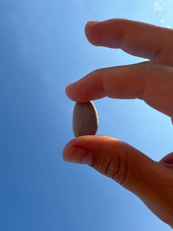 Small gray pebble held up against a clear blue Antalya sky