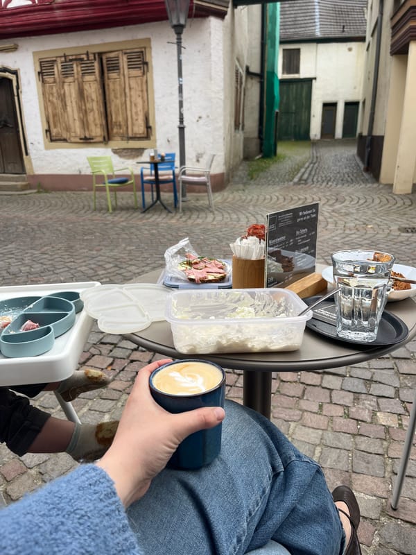 Morning coffee at outdoor cafe in historic Meisenheim