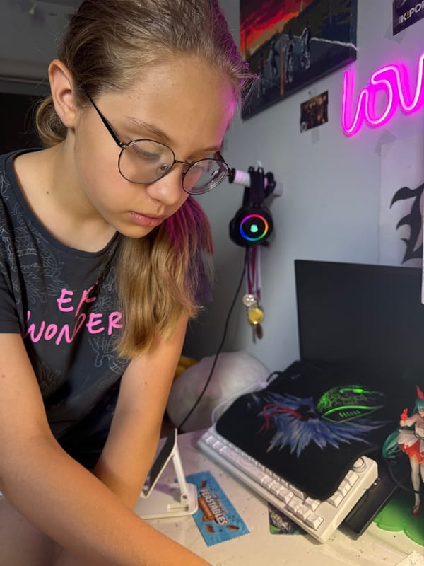 Afternoon in a bedroom workspace: desk, art, and downtime