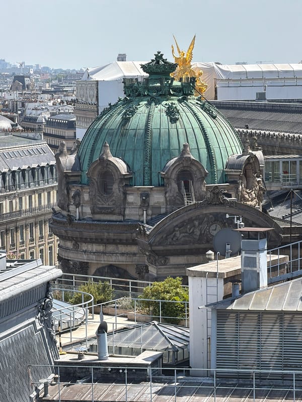 Paris rooftops and landmarks from above on a clear afternoon