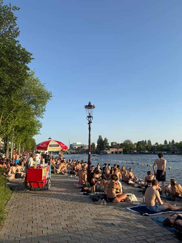 Amsterdam residents enjoy sunny evening swimming and sunbathing along canal