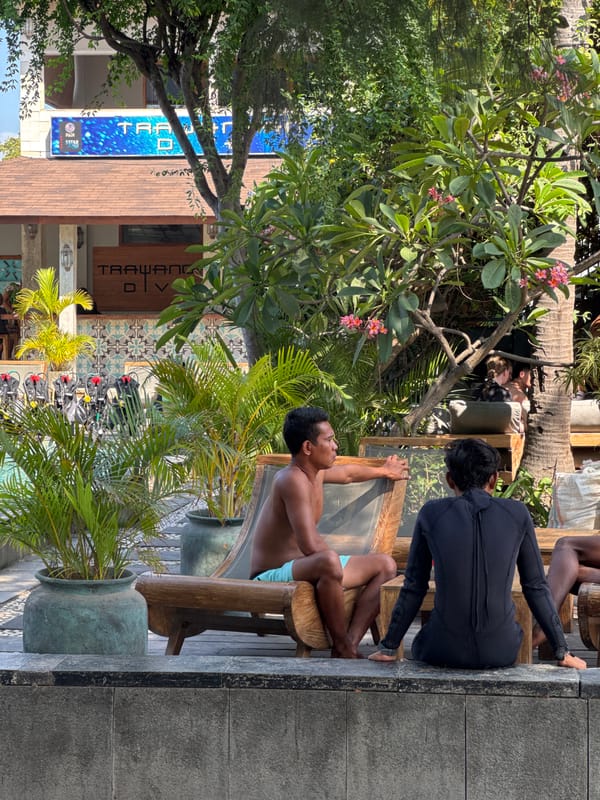 Lazy morning on Gili Trawangan — beach, bikes, and scuba prep
