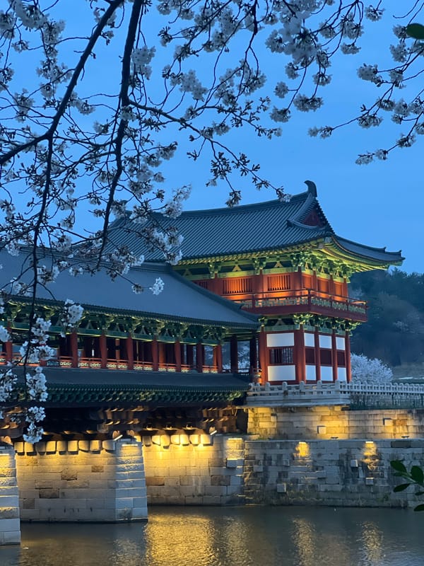 Traditional Korean architecture illuminated at dusk in Gyeongju
