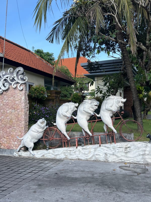 White sculpture garden featuring pigs, frog spotted in Sukawati
