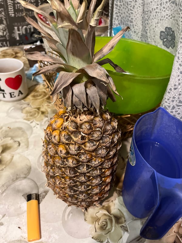 Tea time arrangement with pineapple and decorative mugs in Minsk