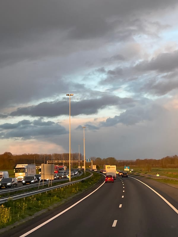 Highway scene captured at dusk near Vianen, Netherlands