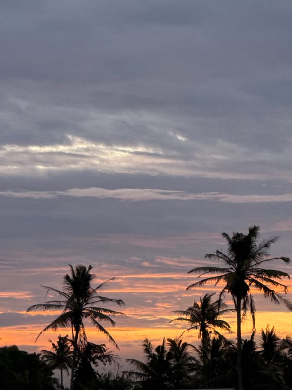 Sunset over Goviyapana's coast, palms, and village roads