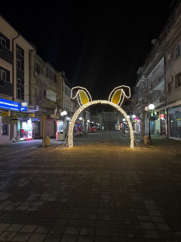 Illuminated bunny archway decorates pedestrian walkway in Pomorie