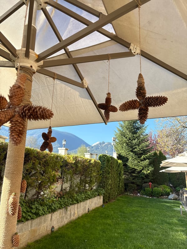 Morning scene captured under umbrella canopy in Bansko, Bulgaria