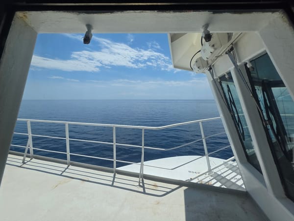 Deck and bridge views aboard a ship off Sicily