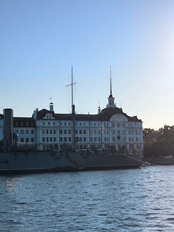 Cruiser Aurora and river traffic on the Neva, St. Petersburg