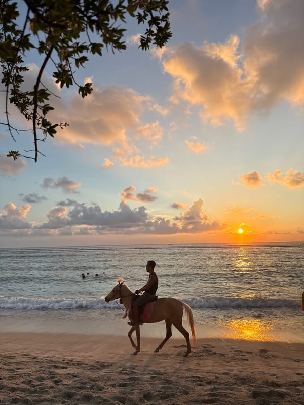 Horse and rider walk Indonesian beach at sunset