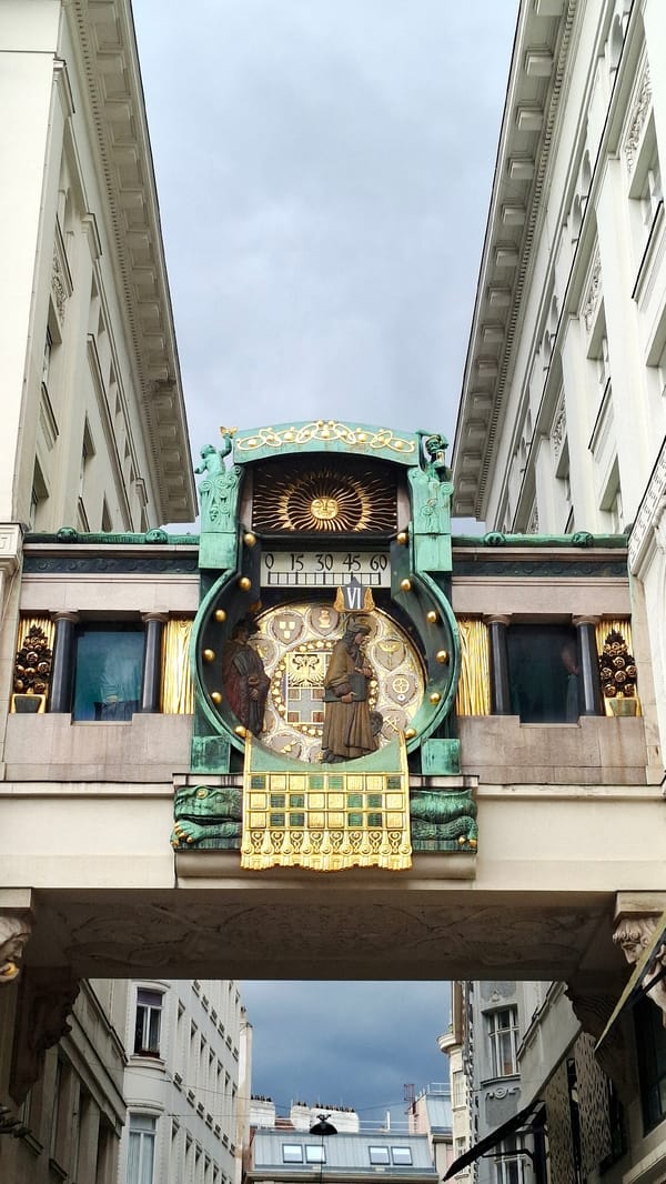 Vienna tourist scenes documented: historic clock, restaurants, horse carriage