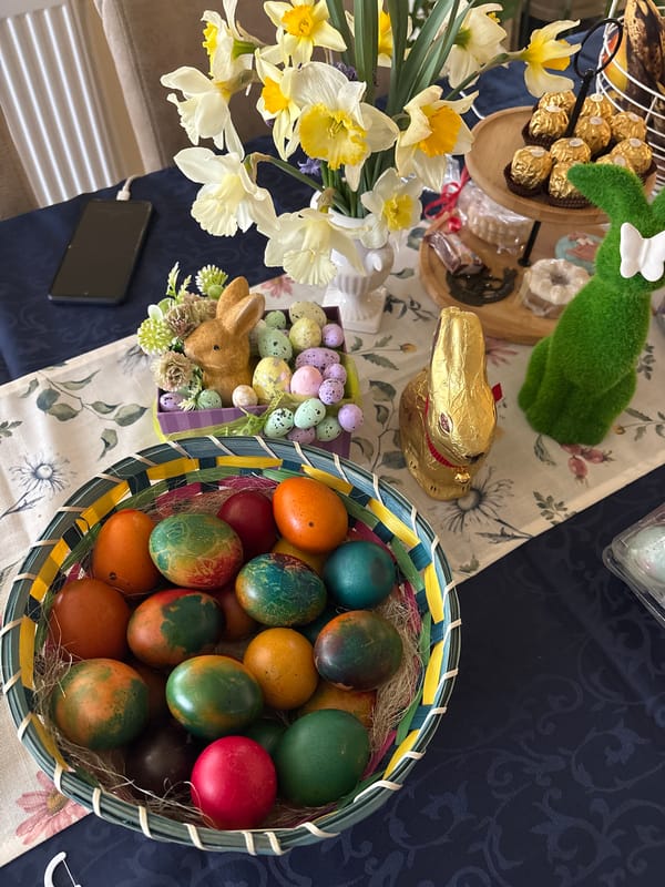 Easter display with colored eggs and flowers arranged in Bulgaria