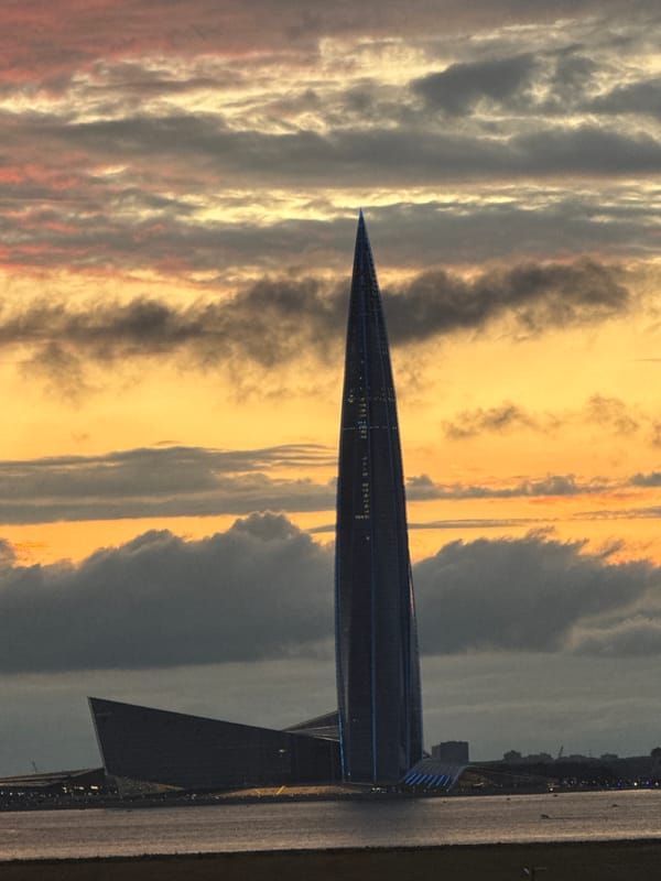 Lakhta Center tower against a Saint Petersburg sunset sky