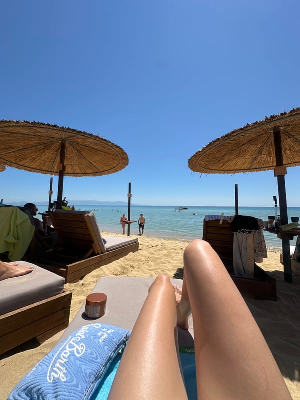 Morning beach leisure captured at Nea Peramos resort, Greece