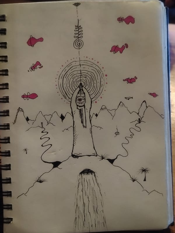 Landscape sketch featuring mountains and palms documented in Playa del Carmen