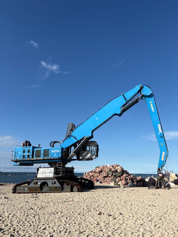 Blue excavator parked on Svetlogorsk beach, arm raised