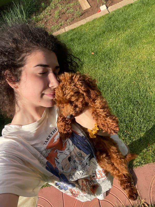 Morning photo session with woman and dog in Sofia garden