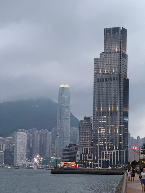 Hong Kong skyline documented during foggy morning conditions