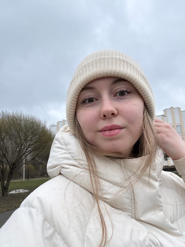 Morning memories: woman's selfies, cat feeding, overcast outdoor scene