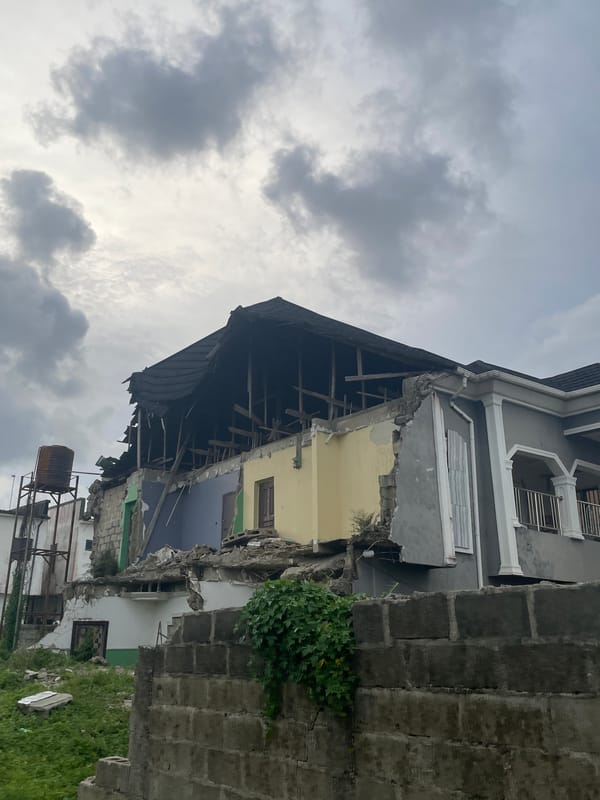 Damaged building observed in Lekki, Nigeria under overcast skies